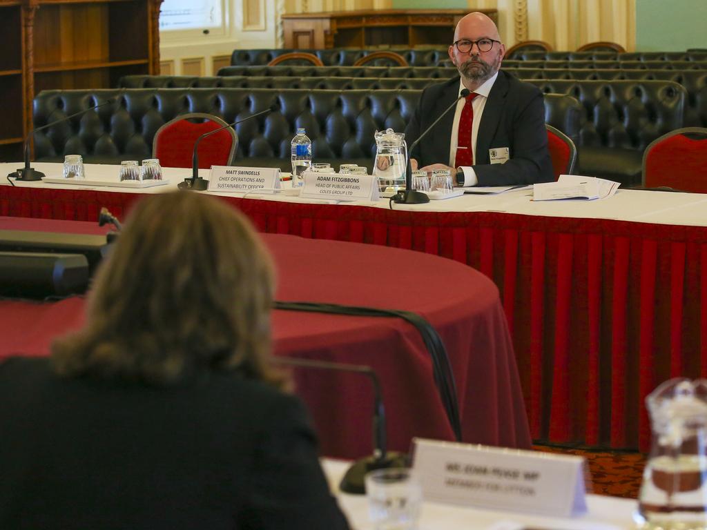 Coles head of public affairs Adam Fitzgibbons fronts a Queensland parliamentary hearing into supermarket pricing. Picture: NewsWire / Glenn Campbell