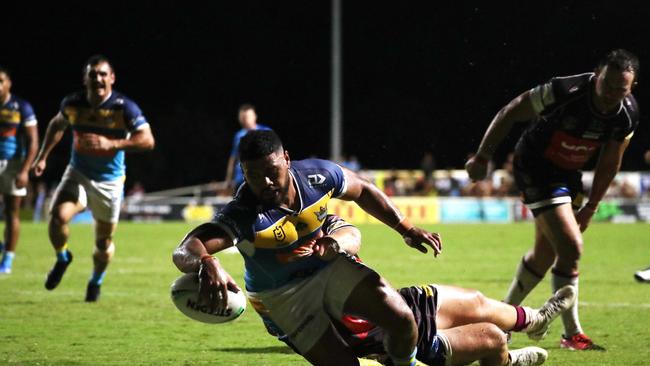 Gold Coast Titans centre Greg Marzhew scores a try during a pre-season trial against Burleigh Bears at Pizzey Park. February 20, 2021. Photo Jason O'Brien