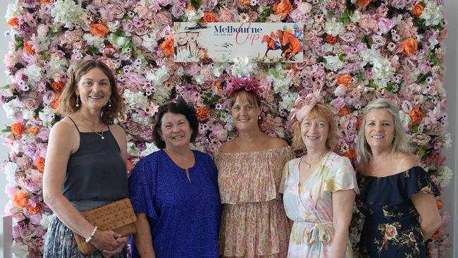 Rosemary Campbell, Sharon Wilson, Carol Fadelli, Margaret Seccafien and Jo Reid at Darwin Turf Club for the Melbourne Cup. Picture: (A)manda Parkinson