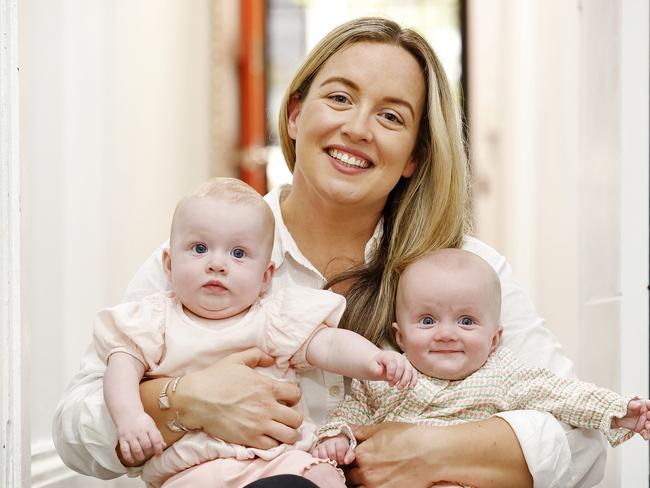 DAILY TELEGRAPH - 23.10.24Jorgia Huxtable with her twins Tilly (right) and Mabel (left) at home in Sydenham. The twins were diagnosed with Enterovirus Myocarditis and Enterovirus Meningitis and both were on life support at different times. Picture: Sam Ruttyn