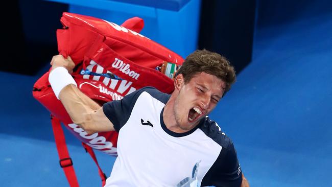 MELBOURNE, AUSTRALIA - JANUARY 21: Pablo Carreno Busta of Spain shows his frustration after losing his fourth round match against Kei Nishikori of Japan during day eight of the 2019 Australian Open at Melbourne Park on January 21, 2019 in Melbourne, Australia. (Photo by Cameron Spencer/Getty Images) **BESTPIX**