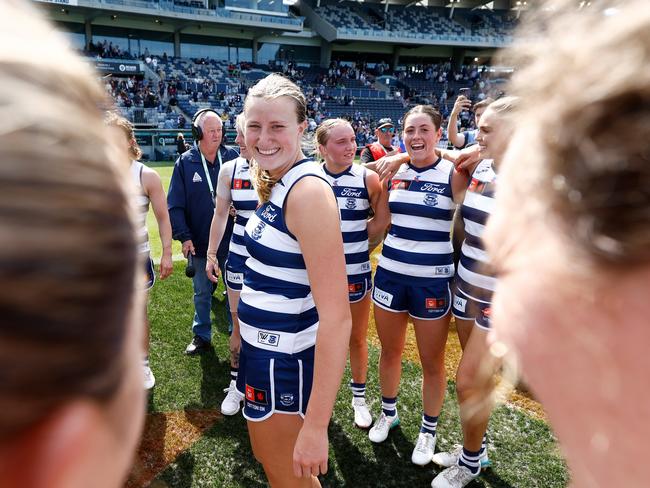 GEELONG, AUSTRALIA - OCTOBER 20: Chantal Mason of the Cats sings the team song during the 2024 AFLW Round 08 match between the Geelong Cats and the Brisbane Lions at GMHBA Stadium on October 20, 2024 in Geelong, Australia. (Photo by Michael Willson/AFL Photos via Getty Images)