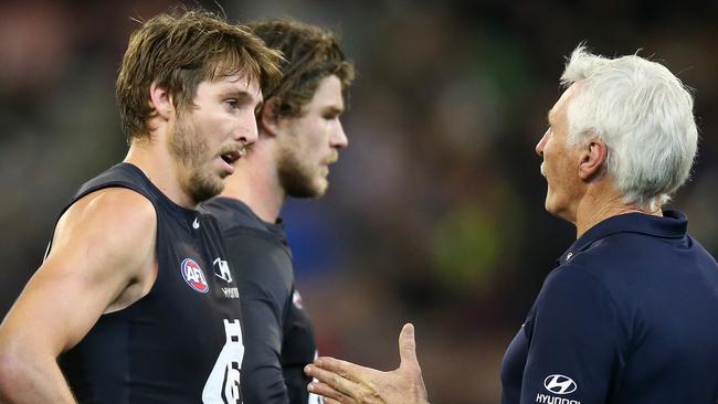 Round 7: Carlton v Collingwood Dale Thomas and Mick Malthouse Picture: Wayne Ludbey