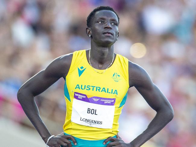 BIRMINGHAM, ENGLAND - AUGUST 7: Peter Bol of Australia before the start of the Men's 800m Final during the Athletics competition at Alexander Stadium during the Birmingham 2022 Commonwealth Games on August 7, 2022, in Birmingham, England. (Photo by Tim Clayton/Corbis via Getty Images)