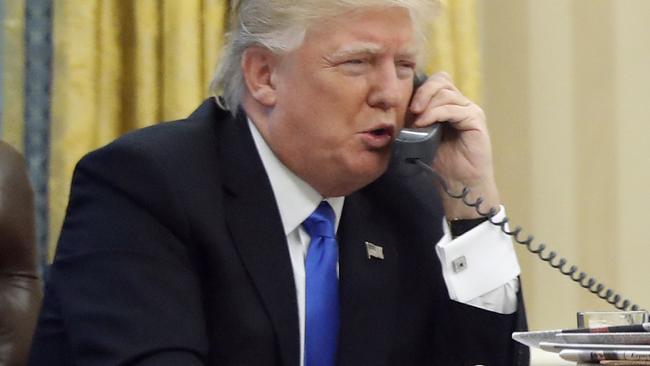 Donald Trump’s first, snappy conversation with Malcolm Turnbull from the Oval Office. Picture: Alex Brandon/AP