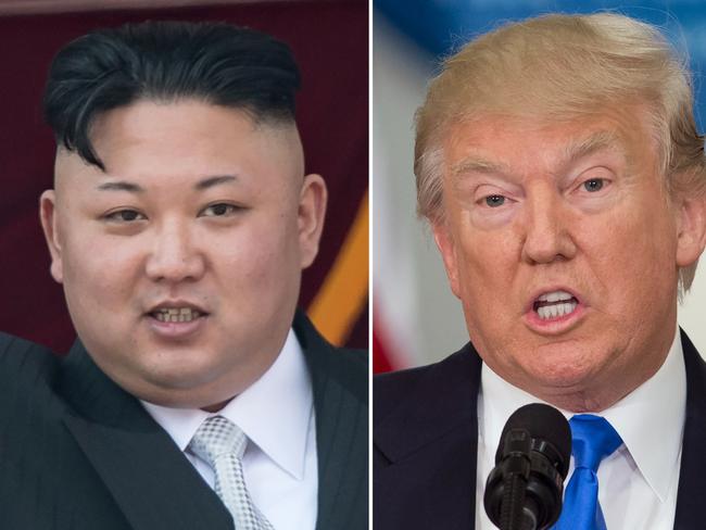 (FILES)(COMBO) This combo of file photos shows an image (L) taken on April 15, 2017 of  North Korean leader Kim Jong-Un on a balcony of the Grand People's Study House following a military parade in Pyongyang; and an image (R) taken on July 19, 2017 of US President Donald Trump speaking during the first meeting of the Presidential Advisory Commission on Election Integrity in Washington, DC. An escalating war of words between Donald Trump and Kim Jong-Un ratcheted up a notch on September 22, 2017 as the US president dubbed North Korea's leader a "madman," a day after the reclusive regime hinted it may explode a hydrogen bomb over the Pacific Ocean. Hours earlier, in a rare personal attack, Kim took aim at Trump, branding him "mentally deranged" and warning he would "pay dearly" for his threat to destroy North Korea if challenged, uttered before the United Nations General Assembly.  / AFP PHOTO / SAUL LOEB AND Ed JONES