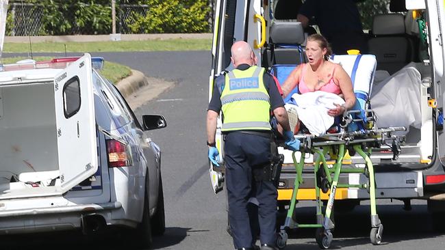 Alicia Schiller is placed in an ambulance after an alleged stabbing in Corio. Picture: Mike Dugdale