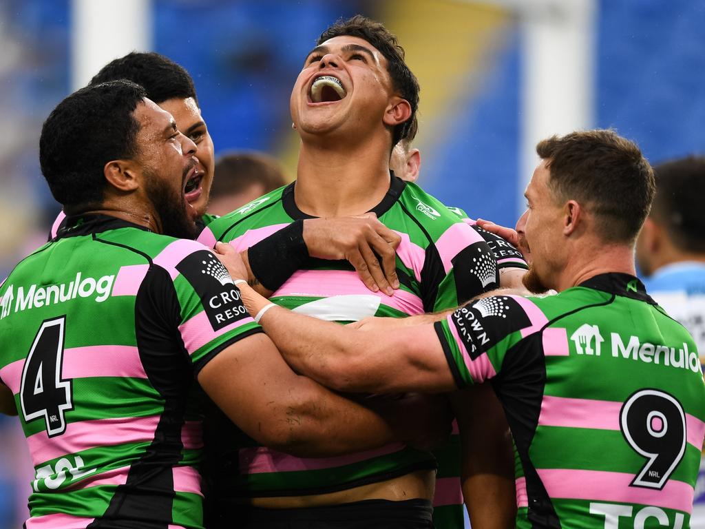 Latrell Mitchell celebrates another try for South Sydney. Picture: NRL Images