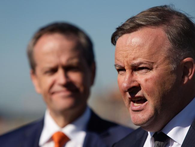 Federal Labor Party leader Bill Shorten looks on as Anthony Albanese speaks. Picture: Lisa Maree Williams/Getty Images)