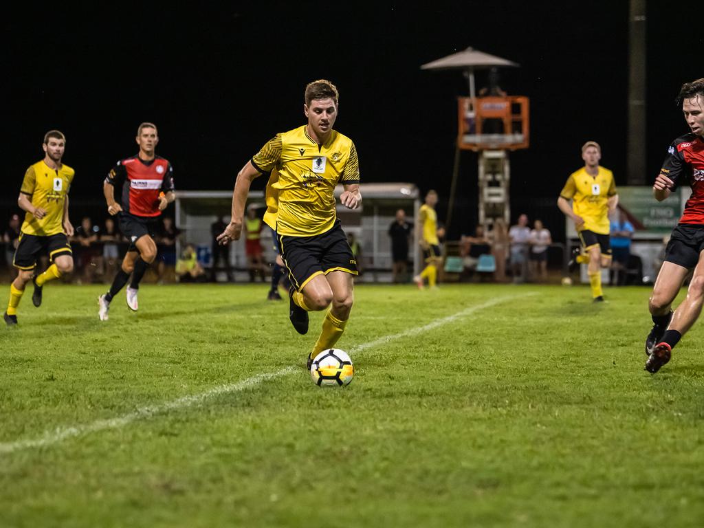 Edge Hill United's Joshua Taylor ran hard in Saturdays FNQ Premier League Grand final at Endeavour Park. Picture: Emily Barker