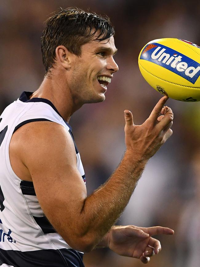 Tom Hawkins shows off his skills after Geelong’s victory over Collingwood. Picture: Quinn Rooney/Getty Images. 