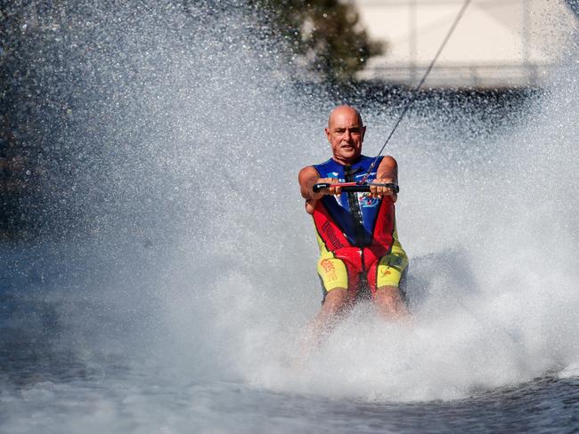 9/4/18 Former Premier John Olsen skiing on the Torrens. Picture MATT TURNER.