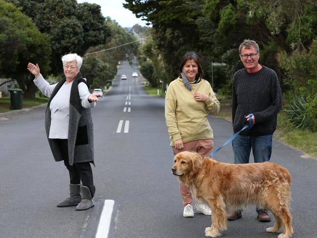 Joanne Wurfel (left) is locked down, while Carol and Michael Meaney live free over the road in Point Lonsdale. Picture: Mike Dugdale