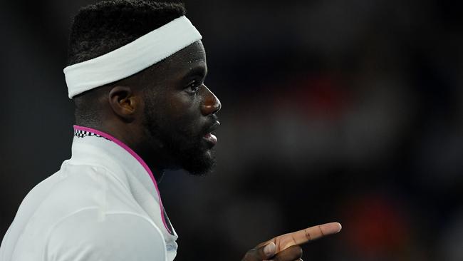 Frances Tiafoe of the United States gestures during the match against Rafael Nadal 