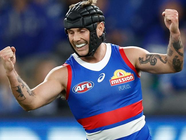 MELBOURNE, AUSTRALIA - JUNE 18: Caleb Daniel of the Bulldogs celebrates a goal during the 2023 AFL Round 14 match between the North Melbourne Kangaroos and the Western Bulldogs at Marvel Stadium on June 18, 2023 in Melbourne, Australia. (Photo by Michael Willson/AFL Photos via Getty Images)