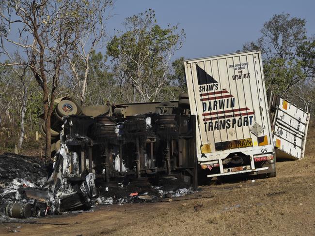 NT Police responded to a horror multiple fatality crash between a road train and four-wheel drive on the Stuart Highway, 12km south of Pine Creek on Friday September 29. Picture: Sierra Haigh