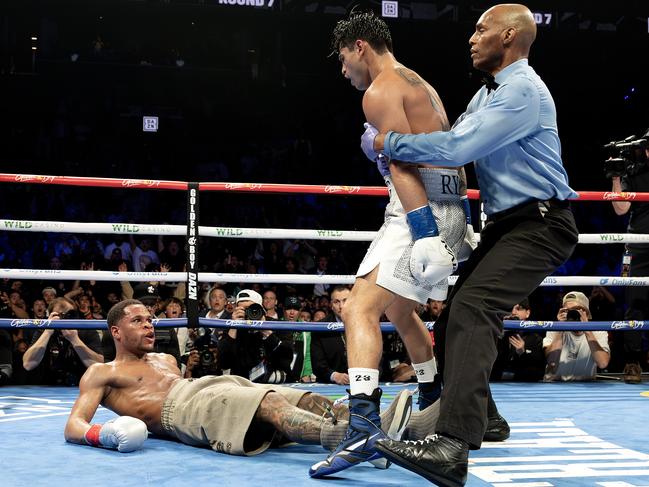 Ryan Garcia knocks Devin Haney down on the way to a shock win. Picture: Getty Images