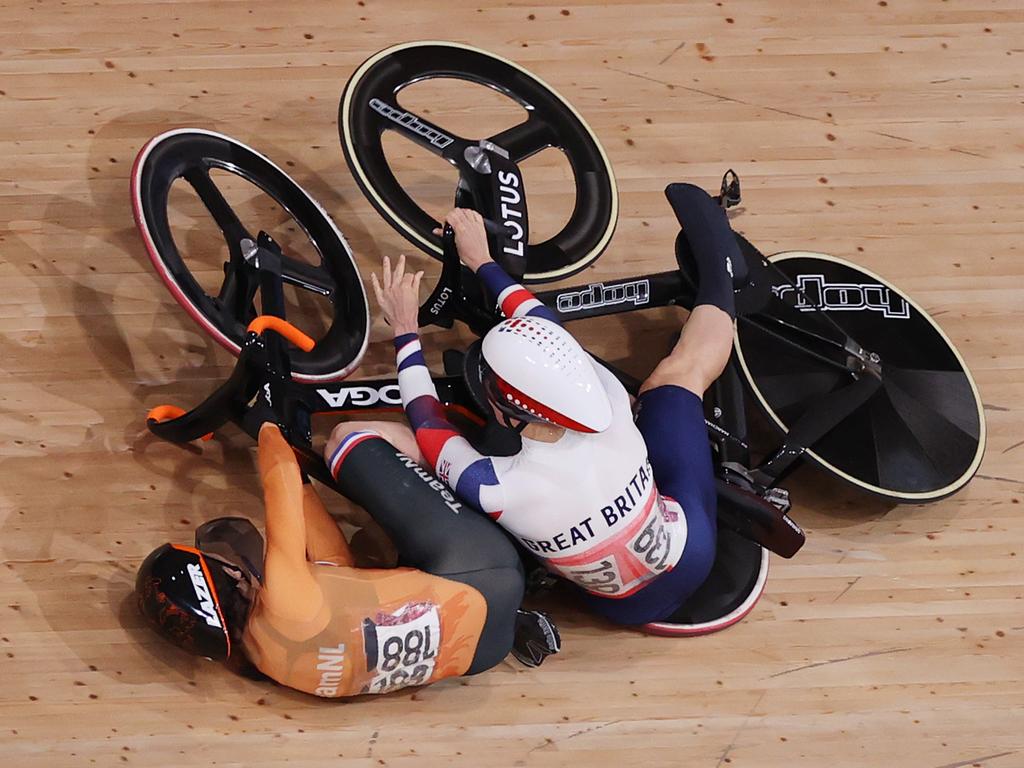 Laurine van Riessen of Team Netherlands and Katy Marchant of Team Great Britain fall during the Women's Keirin quarterfinals. Picture: Justin Setterfield/Getty Images