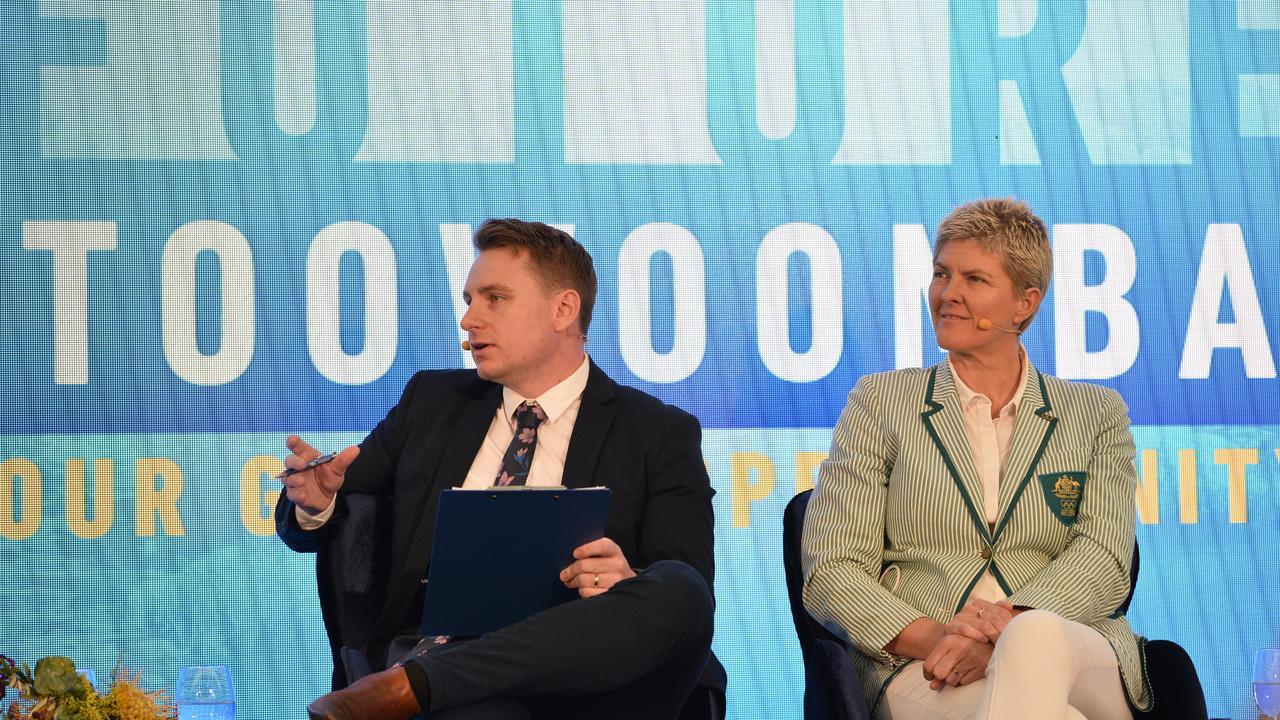 The Chronicle editor Jordan Philp and Olympian Nat Cook during the panel discussion at the Future Toowoomba lunch at Wellcamp Airport, Friday, December 3, 2021. Picture: Kevin Farmer