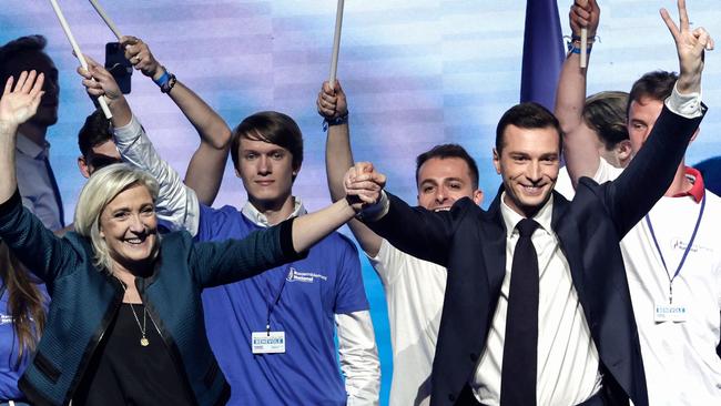 French far-right party Rassemblement National (National Rally) party’s parliament group president Marine Le Pen and lead European Parliament candidate Jordan Bardella. Picture: AFP