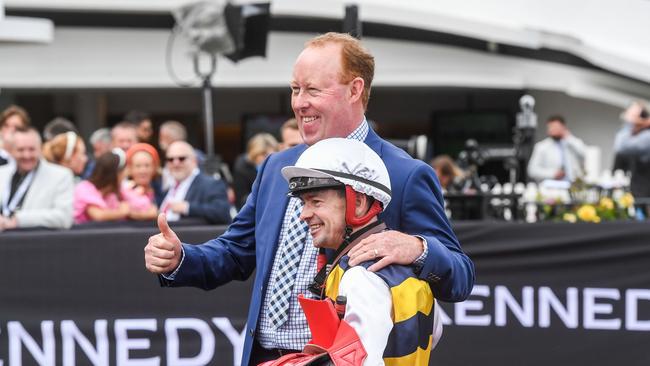 Trainer Matthew Williams with Dean Yendall after his horse Toregene (NZ) won the Melbourne Cup Carnival Country Final at Flemington. Picture: Brett Holburt/Racing Photos via Getty Images