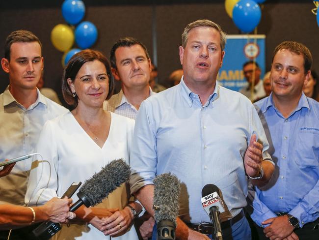 Queensland LNP leader Tim Nicholls speaks to the media on the Gold Coast, flanked by (from left) LNP candidate for Bonney Sam O'Connor, deputy leader Deb Frecklington, LNP member Sid Cramp and LNP candidate for Theodore Mark Boothman. Picture: Glenn Hunt/AAP