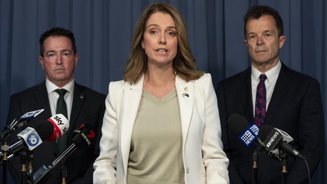 Opposition Leader Mark Speakman (right), Opposition spokesman for police Paul Toole (left) and Vaucluse MP Kellie Sloan. Picture: NCA NewsWIRE / Monique Harmer