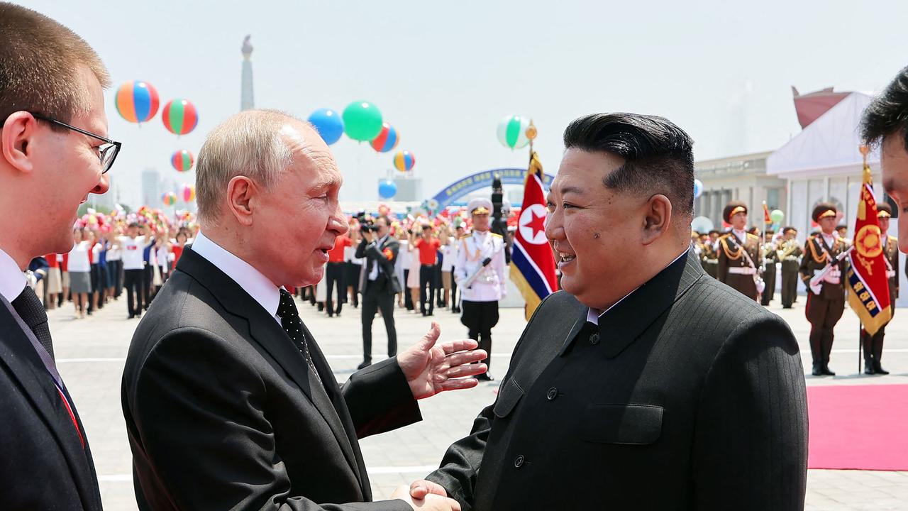 Russia's President Vladimir Putin with Kim Jong-un, who has offered his "full support" on Ukraine. Picture: KCNA VIA KNS/AFP