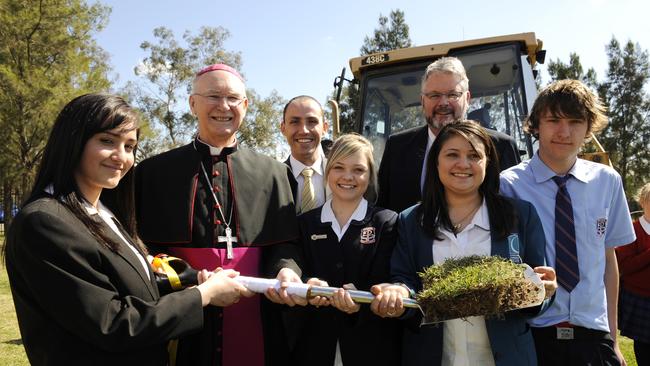 End of an era: a look back at McCarthy Catholic College: Louise Teuma (15), Bishop Kevin Manning, former Lindsay Federal Labor MP David Bradbury, Rikki-Lee Dalziell (17), Executive Director of Schools Greg Whitby, Samantha Debono (15) and Drew Turner (15)