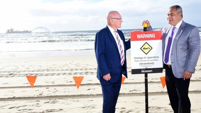 Mayor Tom Tate and Cr Paul Taylor at the beach this morning. . Picture: John Gass