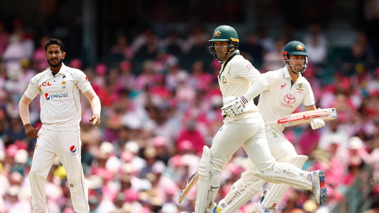 Alex Carey and Mitchell Marsh run between wickets. Picture: Getty