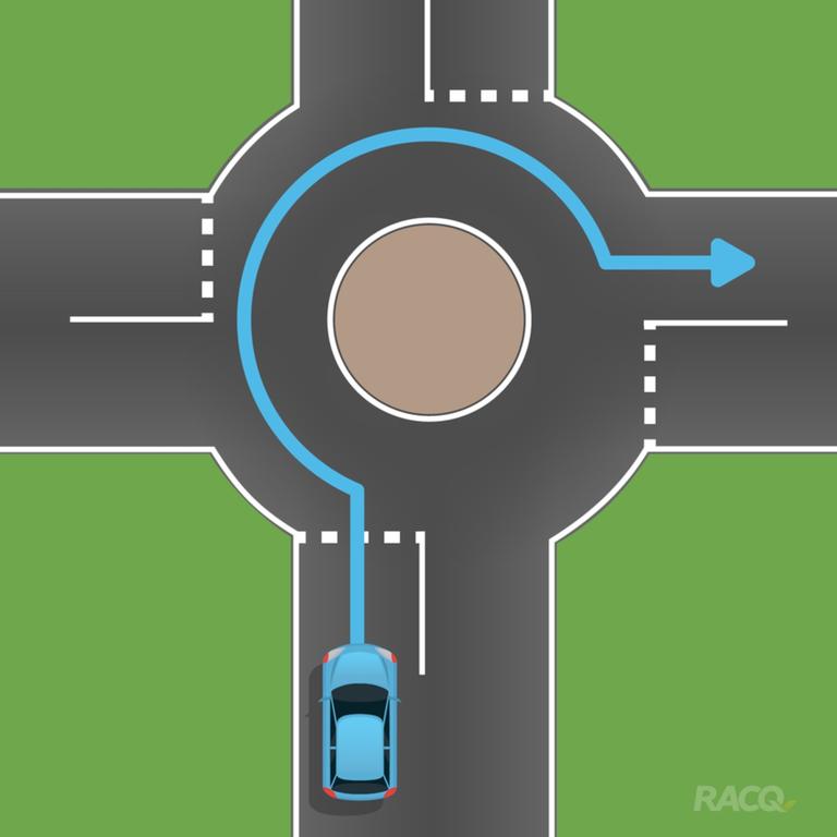 Motorists were asked what indicator should be used by the blue car approaching the roundabout and intending to take the third exit. Picture: RACQ