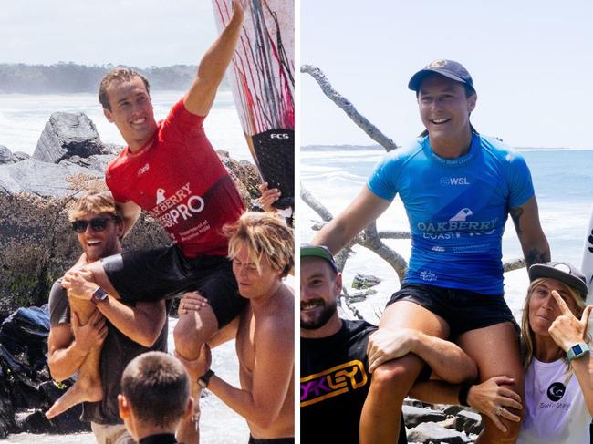 Jordan Lawler and Sarah Baum after taking out the 2023 Tweed Coast Pro at Cabarita Beach. Photo: Cait Miers/WSL