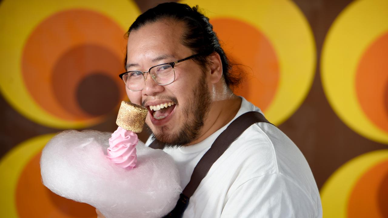 Adelaide's own Willy Wonka, Quang Nguyen, with his fairy floss and soft serve creation. Picture: Naomi Jellicoe