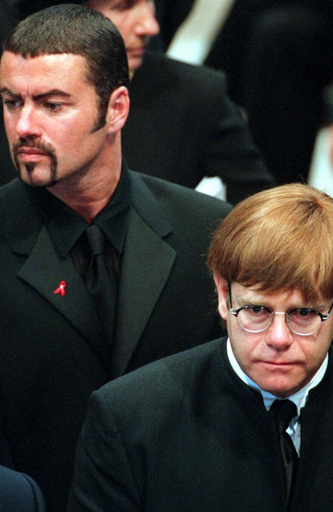 George Michael and Elton John atten the funeral for Princess Diana. Picture: AP Photo/Peter/De/Jong/Pool