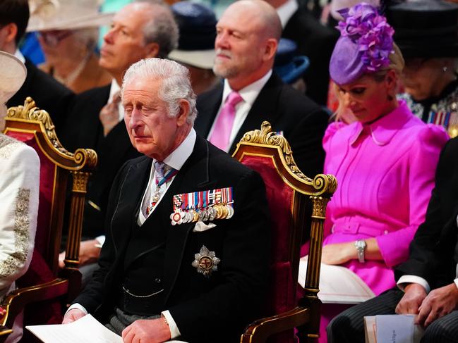 Charles (L-R), Mike Tindall and Zara Tindall at the National Service of Thanksgiving to Celebrate the Platinum Jubilee of Her Majesty The Queen in June. Picture: Getty Images