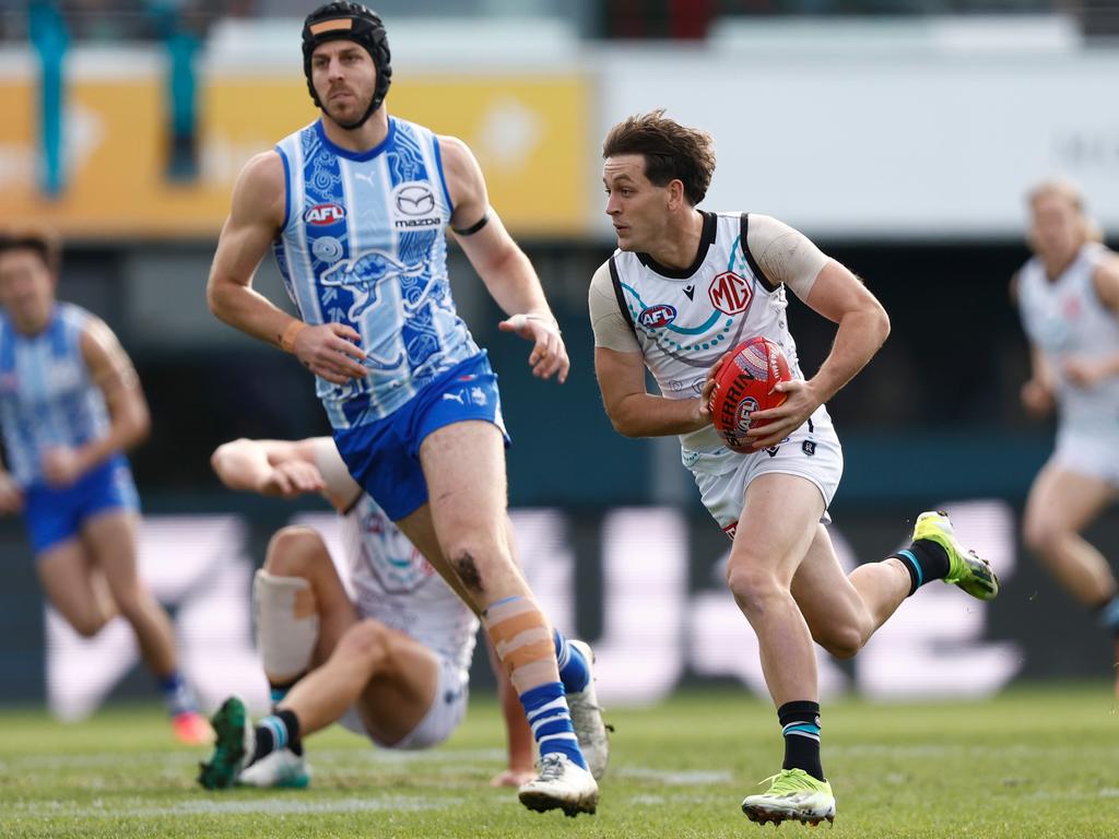 Zak Butters in action down in Tasmania against the Kangaroos. Picture: Michael Willson/AFL Photos