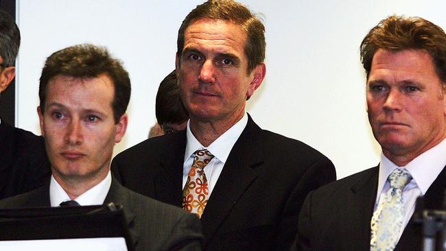 Former St Kilda CEO Jim Watts (centre) and Rod Butterss.