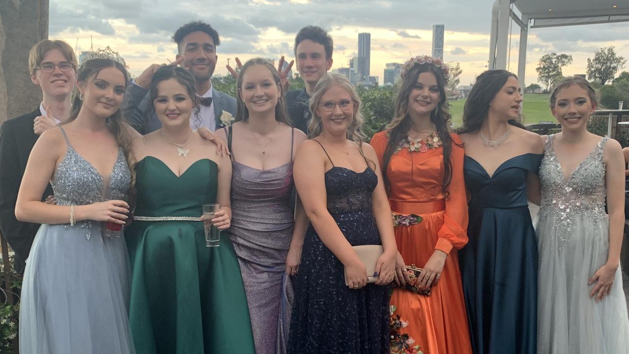 BR Liam Atkinson, James Williams, Corey Gent FR Lily Pearse, Rachel Crane, Justine Kayali, Holly Beveridge, Rebecca Linton, Lauren Miller, and Kaitlyn Gent at the 2021 Springfield Central State High School Year 12 formal on the 17th of November 2021. Picture: Supplied