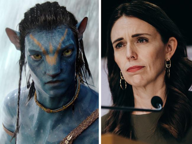 Sam Worthington as Jake Sully in Avatar, left, and New Zealand PM Jacinda Ardern.