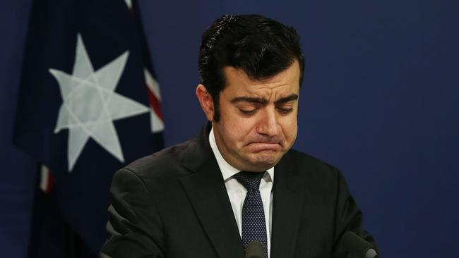 Labor’s Sam Dastyari announces his resignation yesterday after it emerged he tipped off billionaire Huang Xiangmo about possible surveillance. Picture: John Feder