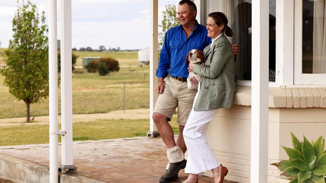 Poppy Crozier’s parents, Charlie and Asha Crozier, on their farm at Sherwood in the South East. Picture: Kate Hill