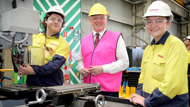 Skills and Training Minister Brendan O’Connor with apprentices Damon Anderson and Becky Hlinak at the Osborne Shipyard. Picture Dean Martin