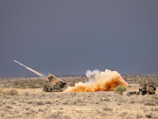 The National Advanced Surface to Air Missile System fires an AIM-120 Advanced Medium Range Air to Air Missile during it's first ever Australian live-fire at Woomera Test Range in South Australia on 14 November 2023. *** Local Caption *** Soldiers from the 16th Regiment, Royal Australian Artillery, conducted the first live-fire of the recently-acquired enhanced National Advanced Surface to Air Missile System (NASAMS) at Woomera Test Range in South Australia 13-15 November 2023. NASAMS is a short-range, ground based air defence that delivers an enhanced force protection system for the Australian Army. It is the first element of the ADF's Integrated Air and Missile Defence (IAMD) program to be delivered into service, and demonstrates tangible progress of Army's response to the Defence Strategic Review with an increased focus on fires capabilities.