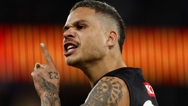 MELBOURNE, AUSTRALIA - JUNE 16: Bobby Hill of the Magpies celebrates a goal during the 2024 AFL Round 14 match between the North Melbourne Kangaroos and the Collingwood Magpies at Marvel Stadium on June 16, 2024 in Melbourne, Australia. (Photo by Michael Willson/AFL Photos via Getty Images)