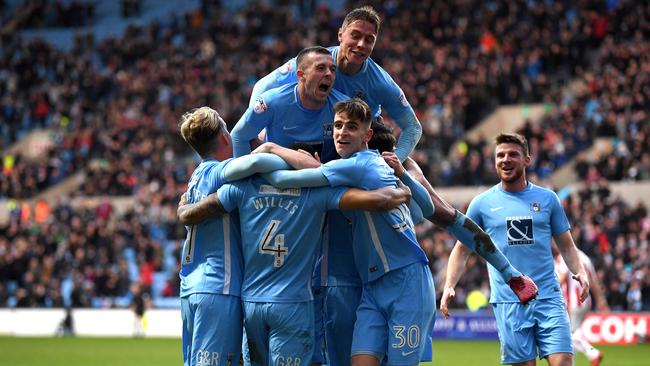 Jordan Willis of Coventry City celebrates scoring against Stoke.