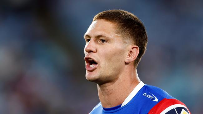 SYDNEY, AUSTRALIA - APRIL 06: Kalyn Ponga of the Knights warms up prior to the round five NRL match between Canterbury Bulldogs and Newcastle Knights at Accor Stadium, on April 06, 2025, in Sydney, Australia. (Photo by Brendon Thorne/Getty Images)