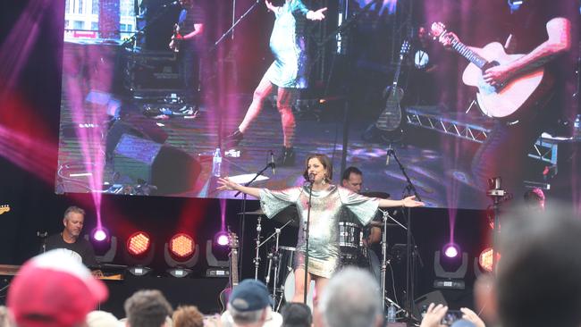 A heavily pregnant Amber Lawrence performing on the Gold Coast. Picture: Richard Gosling