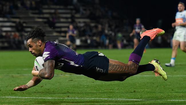 Josh Addo-Carr is back in try-scoring form at the Storm. Picture: Getty Images