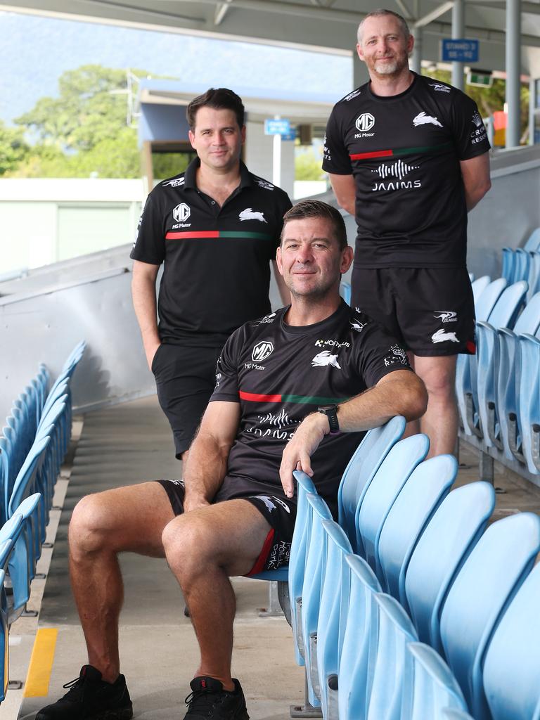 South Sydney Rabbitohs chief operating officer Brock Schaefer, head coach Jason Demetriou and head of pathways and player development Joe O'Callaghan all played key roles at the Northern Pride when the team won the Queensland Cup and the NRL State Championship in 2014. Picture: Brendan Radke